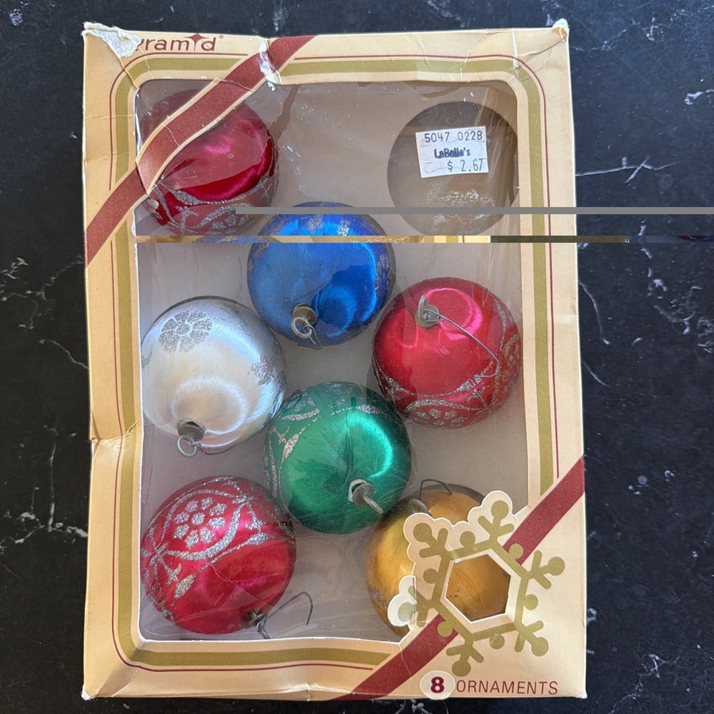 7 Vintage PYRAMID Spun Satin & Glitter Christmas Ornaments Decor in Original Box